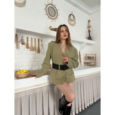 Kemer Detaylı Kruvaze Yaka Ceket Haki