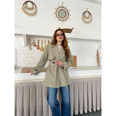 Kemer ve Manşet Detaylı Kısa Trençkot Haki