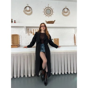 Kemer ve Manşet Detaylı Uzun Trençkot Siyah