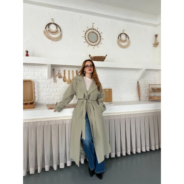 Kemer ve Manşet Detaylı Uzun Trençkot Haki