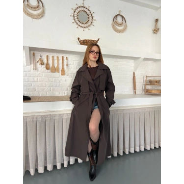 Kemer ve Manşet Detaylı Uzun Trençkot Kahve