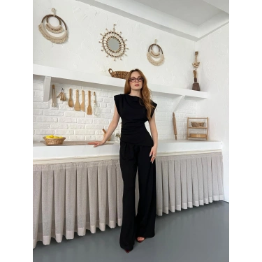 Omuz Vatkalı Asimetrik Kesim Takım Siyah