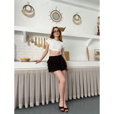 Dantel Detay Fırfırlı Mini Etek Kahve