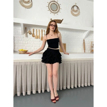 Dantel Detay Fırfırlı Mini Etek Siyah