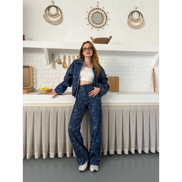 Desenli Tasarım Denim Takım Mavi