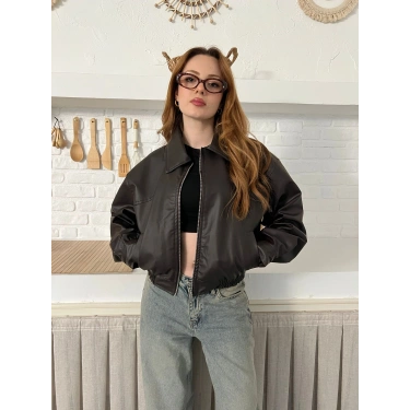 Bel Lastikli Cepli Deri Ceket Acı Kahve