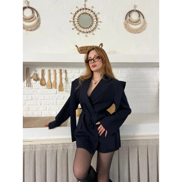 Omuz Detaylı Belden Bağlamalı Ceket Lacivert