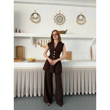 Gold Düğme Detaylı İkili Takım Acı Kahve