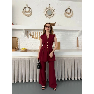 Gold Düğme Detaylı İkili Takım Bordo