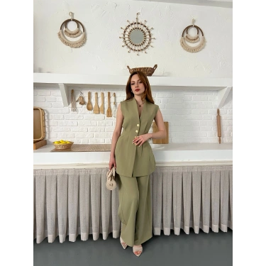 Gold Düğme Detaylı İkili Takım Haki