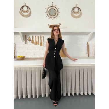 Gold Düğme Detaylı İkili Takım Siyah