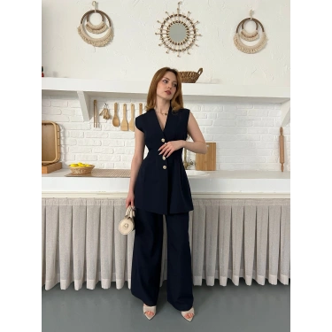 Gold Düğme Detaylı İkili Takım Lacivert