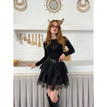 Kemer Detaylı Dantelli Etek Siyah