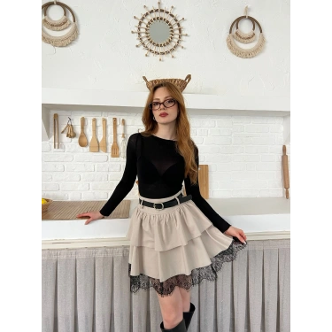 Kemer Detaylı Dantelli Etek Bej