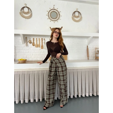 Ekose Yüksek Bel Fularlı Pantolon Kahve Yeşil