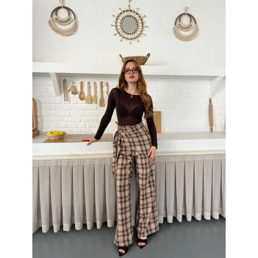 Ekose Yüksek Bel Fularlı Pantolon Bej