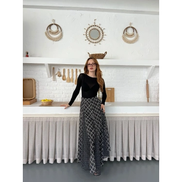 İçi Astarlı Desenli Şifon Etek Siyah