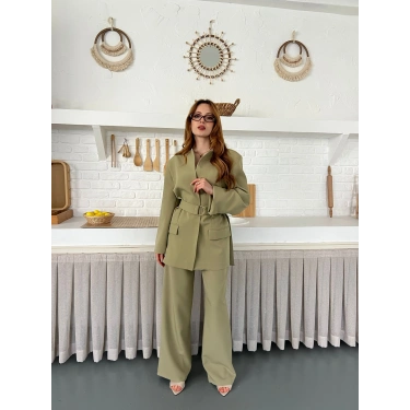 Gold Kemer Detaylı Tasarım Yaka Takım Haki