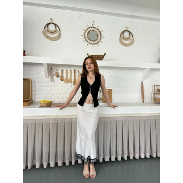 Dantel Detaylı Saten Maxi Etek Beyaz