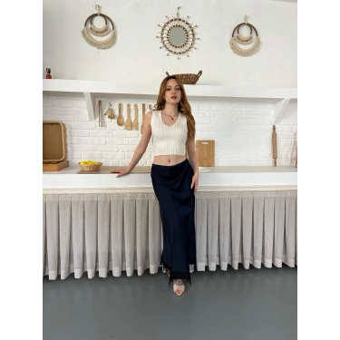 Dantel Detaylı Saten Maxi Etek Lacivert