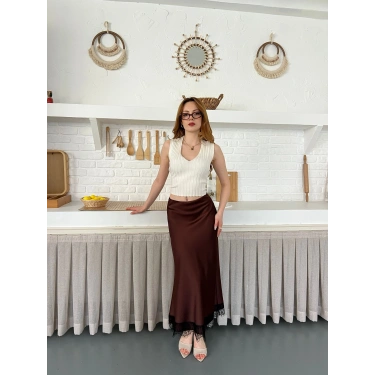 Dantel Detaylı Saten Maxi Etek Kahve