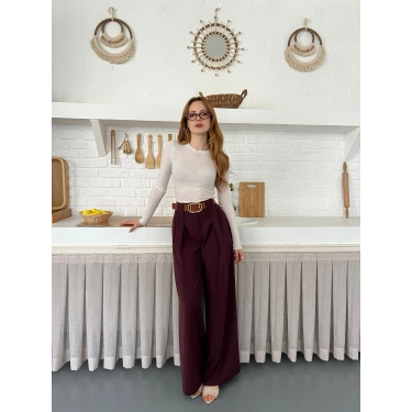 Pile Detaylı Kemerli Bol Paça Pantolon Bordo