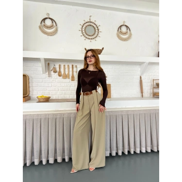 Pile Detaylı Kemerli Bol Paça Pantolon Vizon