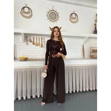 Pile Detaylı Kemerli Bol Paça Pantolon Acı Kahve