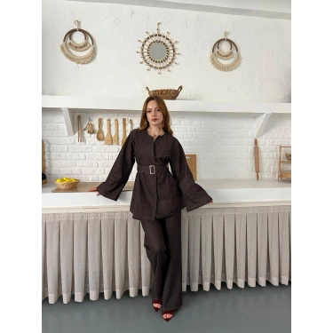 Hakim Yaka Modern Kesim Denim Takım Kahve