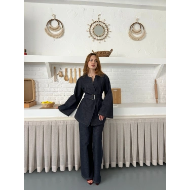 Hakim Yaka Modern Kesim Denim Takım Mavi