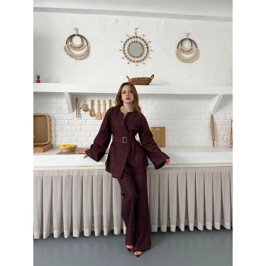 Hakim Yaka Modern Kesim Denim Takım Bordo