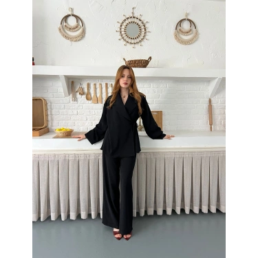 Kruvaze Yaka Yan Bağlamalı Feminen Takım Siyah