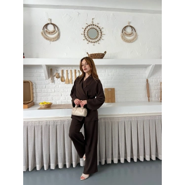 Kruvaze Yaka Yan Bağlamalı Feminen Takım Acı Kahve