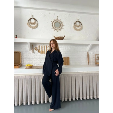 Kruvaze Yaka Yan Bağlamalı Feminen Takım Antrasit