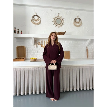 Kruvaze Yaka Yan Bağlamalı Feminen Takım Bordo