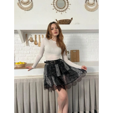 İçi Şortlu Kemerli Şifon Etek Antrasit