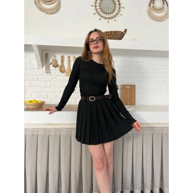 Piliseli İçi Şortlu Kemerli Etek Siyah