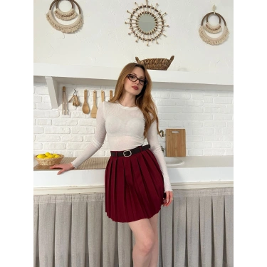 Piliseli İçi Şortlu Kemerli Etek Bordo