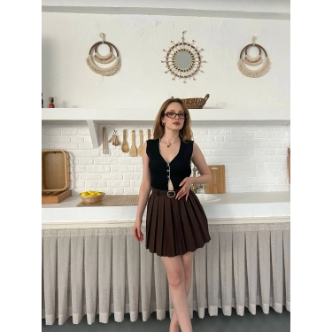 Piliseli İçi Şortlu Kemerli Etek Acı Kahve