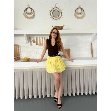 Piliseli İçi Şortlu Kemerli Etek Sarı