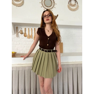 Piliseli İçi Şortlu Kemerli Etek Haki