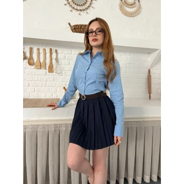 Piliseli İçi Şortlu Kemerli Etek Lacivert