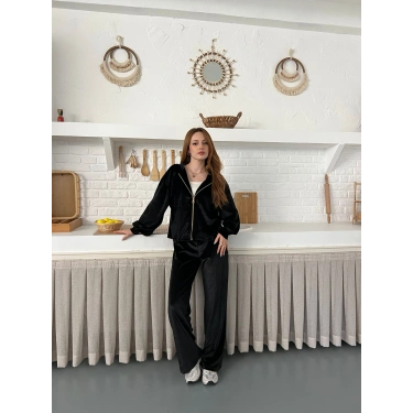 Kapüşonlu Kadife Takım Siyah