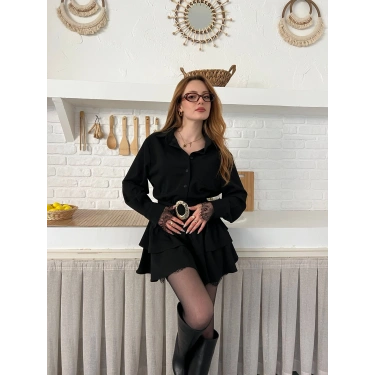 Dantel Detaylı Kemerli Mini Elbise Siyah