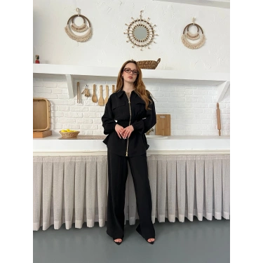 Çift Fermuar Detaylı Bel Büzgülü Modal Takım Siyah