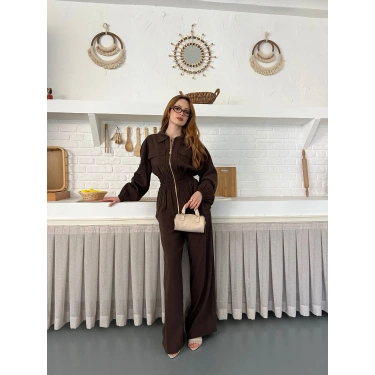 Çift Fermuar Detaylı Bel Büzgülü Modal Takım Kahve