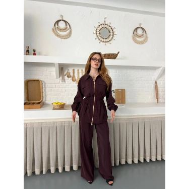 Çift Fermuar Detaylı Bel Büzgülü Modal Takım Mürdüm