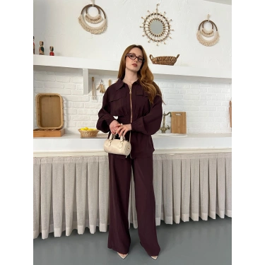 Çift Fermuar Detaylı Bel Büzgülü Modal Takım Bordo