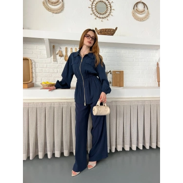 Çift Fermuar Detaylı Bel Büzgülü Modal Takım Lacivert