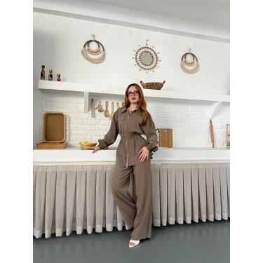 Çift Fermuar Detaylı Bel Büzgülü Modal Takım Haki